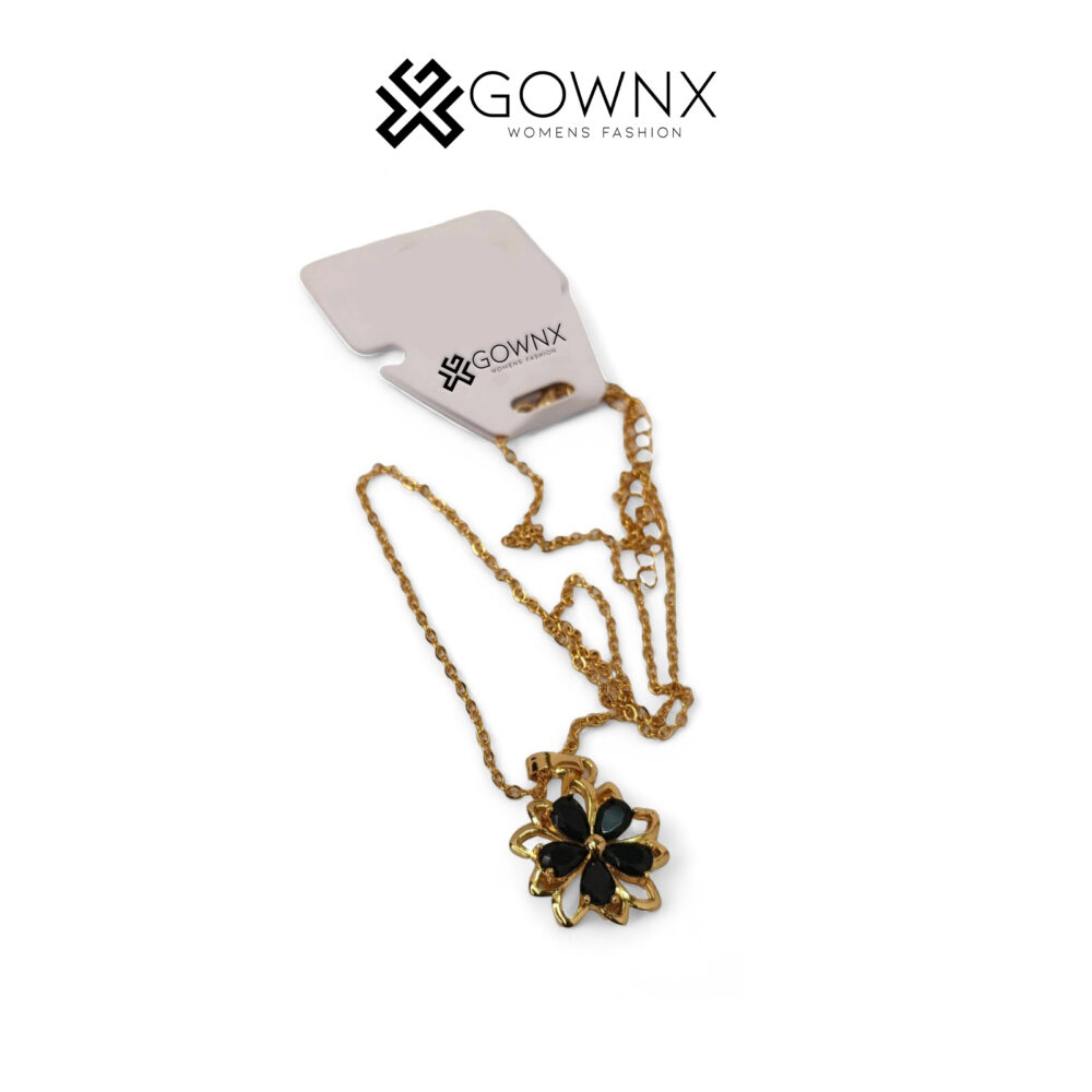 Gold Chain Necklace with Black Floral Pendant - Image 3